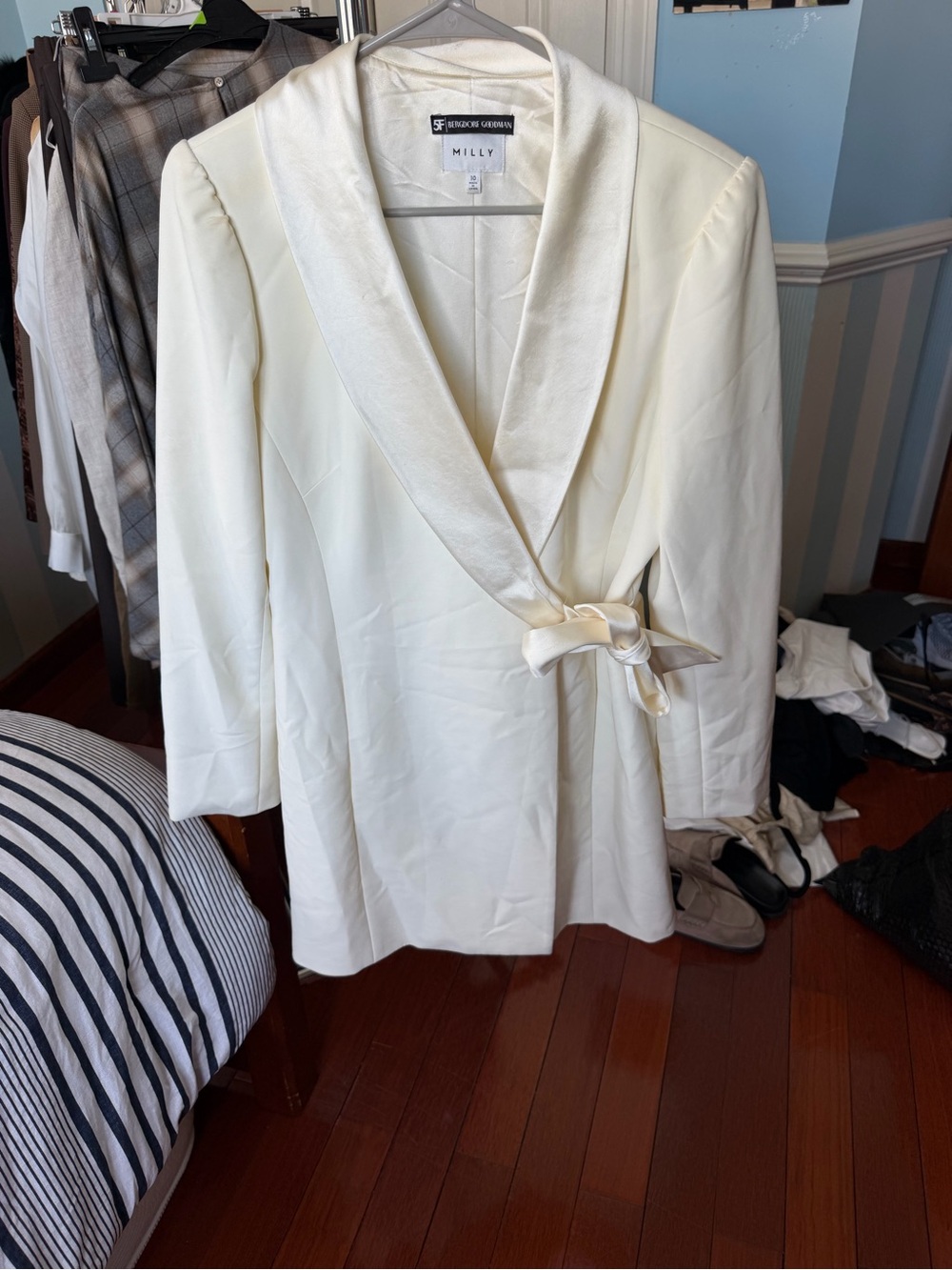 Milly Cream Satin-Trim Wrap Blazer with Tie Waist